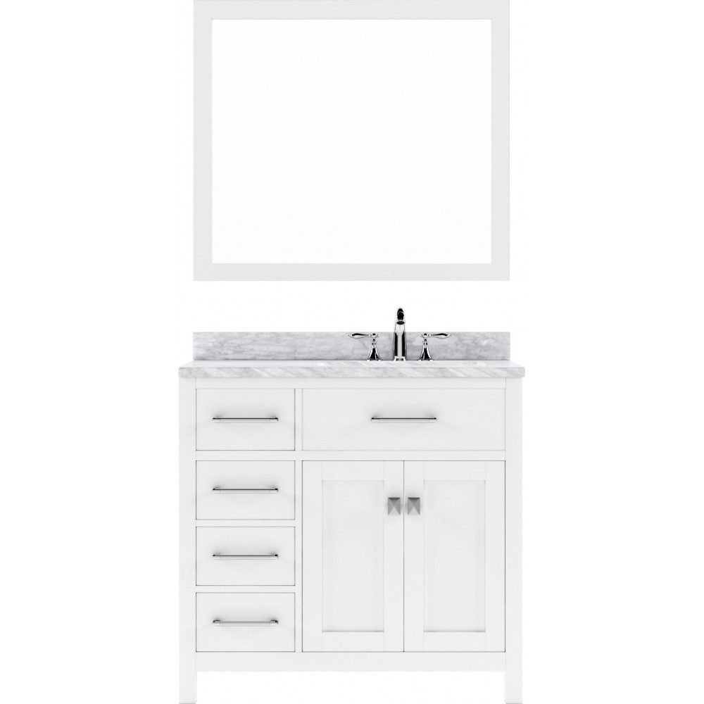 Caroline Parkway 36" Single Bath Vanity in White with White Marble Top and Round Sink with Brushed Nickel Faucet and Mirror