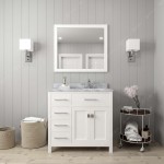 Caroline Parkway 36" Single Bath Vanity in White with White Marble Top and Round Sink with Brushed Nickel Faucet and Mirror