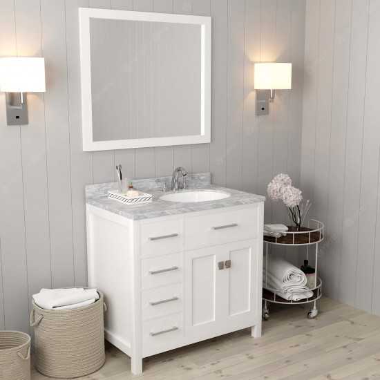 Caroline Parkway 36" Single Bath Vanity in White with White Marble Top and Round Sink with Brushed Nickel Faucet and Mirror