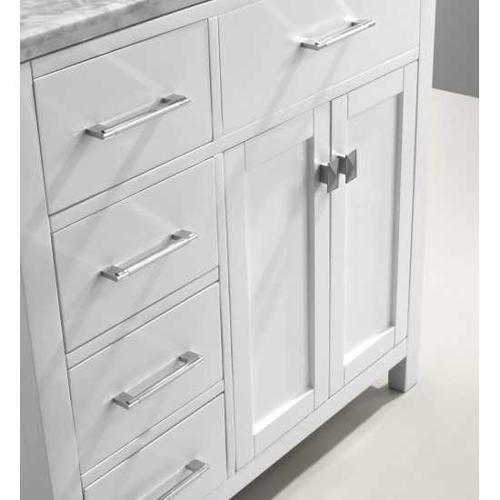 Caroline Parkway 36" Single Bath Vanity in White with White Marble Top and Round Sink with Brushed Nickel Faucet and Mirror