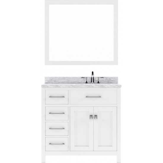 Caroline Parkway 36" Single Bath Vanity in White with White Marble Top and Round Sink with Polished Chrome Faucet and Mirror