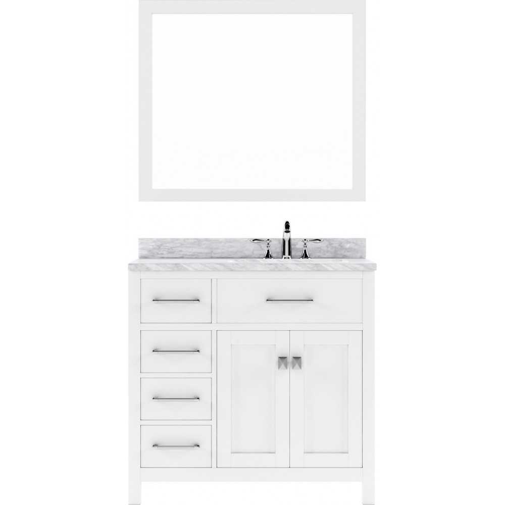 Caroline Parkway 36" Single Bath Vanity in White with White Marble Top and Round Sink with Polished Chrome Faucet and Mirror