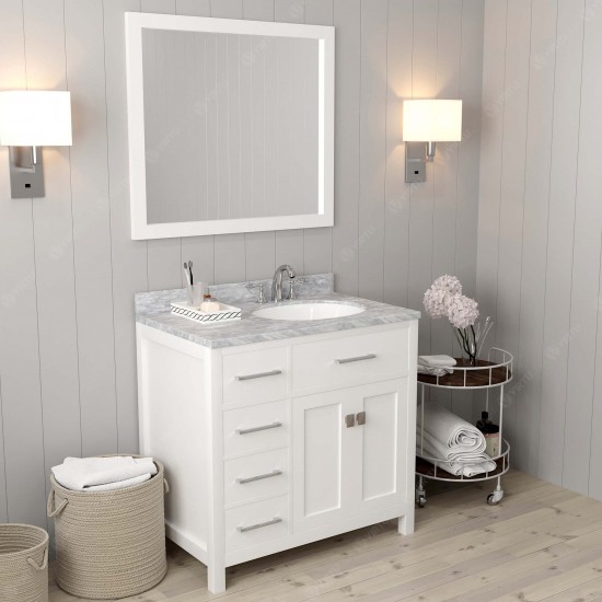 Caroline Parkway 36" Single Bath Vanity in White with White Marble Top and Round Sink with Polished Chrome Faucet and Mirror