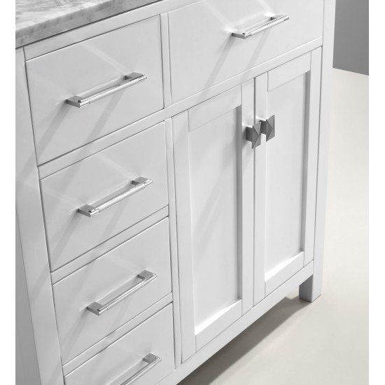 Caroline Parkway 36" Single Bath Vanity in White with White Marble Top and Round Sink with Polished Chrome Faucet and Mirror