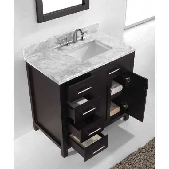 Caroline Parkway 36" Single Bath Vanity in Espresso with White Marble Top and Square Sink and Matching Mirror