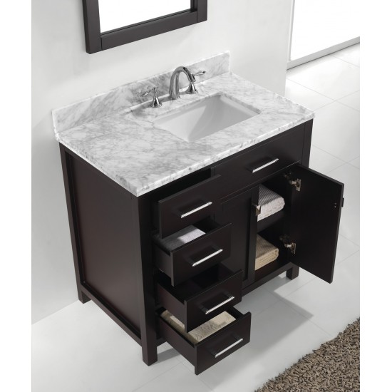 Caroline Parkway 36" Single Bath Vanity in Espresso with White Marble Top and Square Sink with Brushed Nickel Faucet and Mirr