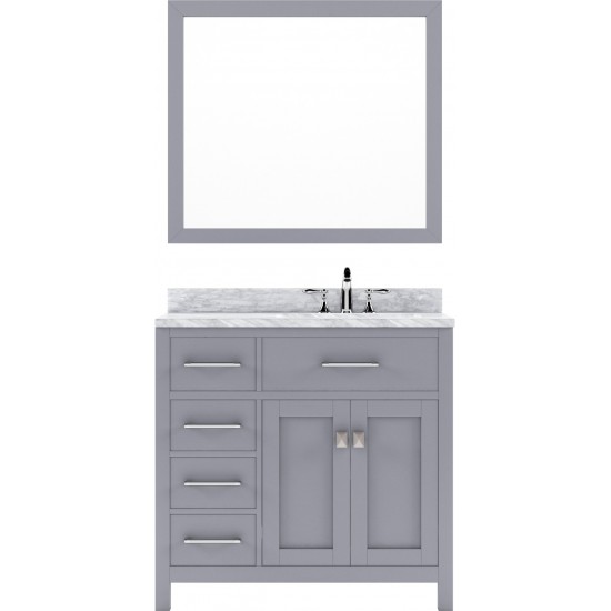 Caroline Parkway 36" Single Bath Vanity in Gray with White Marble Top and Square Sink with Brushed Nickel Faucet and Mirror