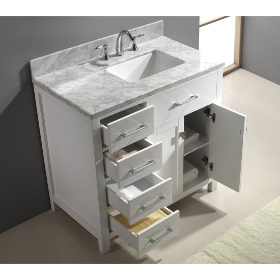 Caroline Parkway 36" Single Bath Vanity in White with White Marble Top and Square Sink and Matching Mirror