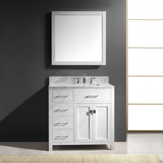 Caroline Parkway 36" Single Bath Vanity in White with White Marble Top and Square Sink with Brushed Nickel Faucet and Mirror