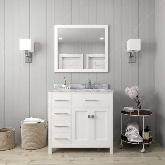 Caroline Parkway 36" Single Bath Vanity in White with White Marble Top and Square Sink with Brushed Nickel Faucet and Mirror