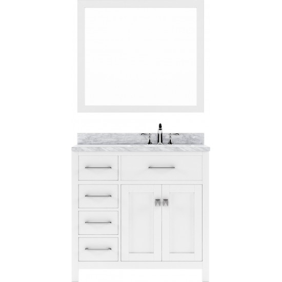 Caroline Parkway 36" Single Bath Vanity in White with White Marble Top and Square Sink with Polished Chrome Faucet and Mirror