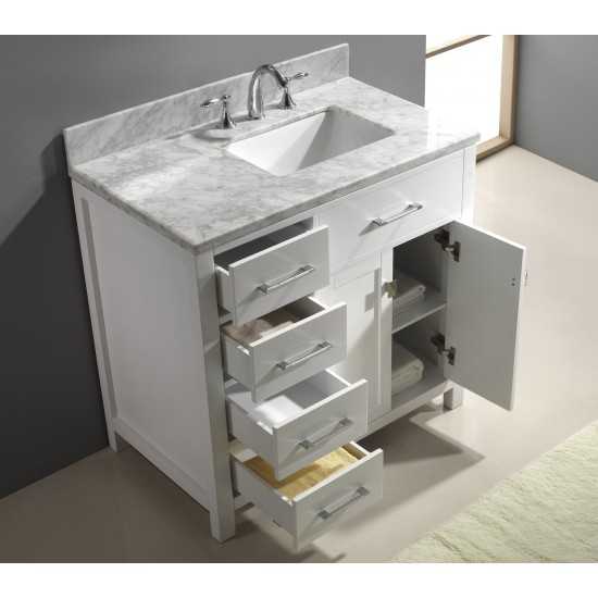 Caroline Parkway 36" Single Bath Vanity in White with White Marble Top and Square Sink with Polished Chrome Faucet and Mirror