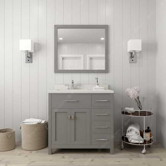 Caroline Parkway 36" Single Bath Vanity in Cashmere Gray with White Quartz Top and Round Sink and Matching Mirror