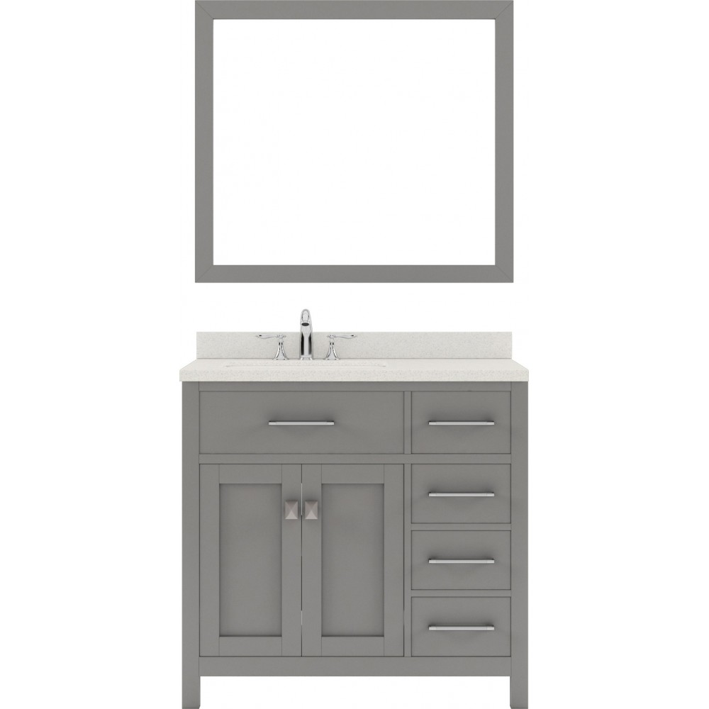 Caroline Parkway 36" Single Vanity in Cashmere Gray with White Quartz Top and Round Sink with Brushed Nickel Faucet and Mirro