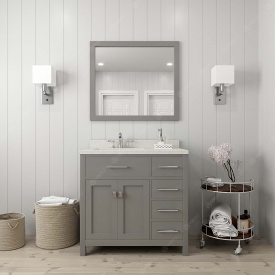 Caroline Parkway 36" Single Vanity in Cashmere Gray with White Quartz Top and Round Sink with Polished Chrome Faucet and Mirr