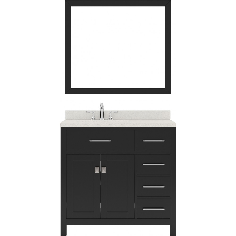 Caroline Parkway 36" Single Bath Vanity in Espresso with White Quartz Top and Round Sink with Brushed Nickel Faucet and Mirro