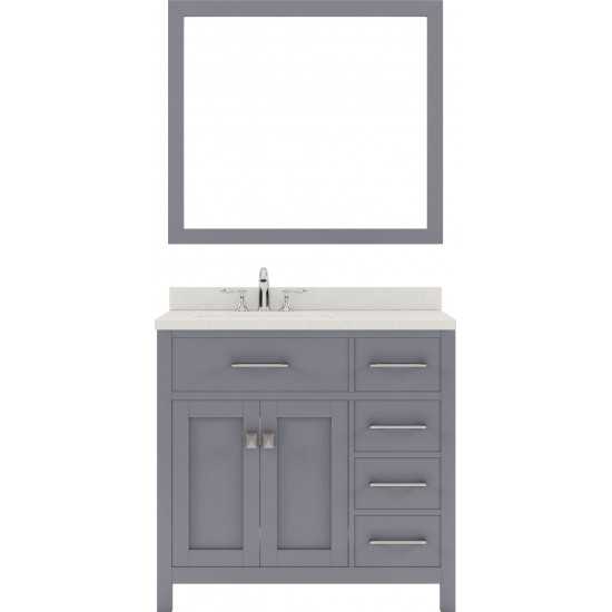 Caroline Parkway 36" Single Bath Vanity in Gray with White Quartz Top and Round Sink with Polished Chrome Faucet and Mirror