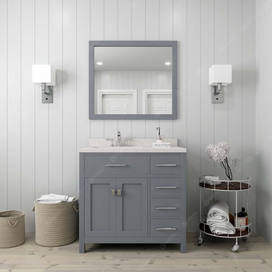 Caroline Parkway 36" Single Bath Vanity in Gray with White Quartz Top and Round Sink with Polished Chrome Faucet and Mirror