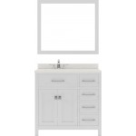 Caroline Parkway 36" Single Bath Vanity in White with White Quartz Top and Round Sink with Brushed Nickel Faucet and Mirror