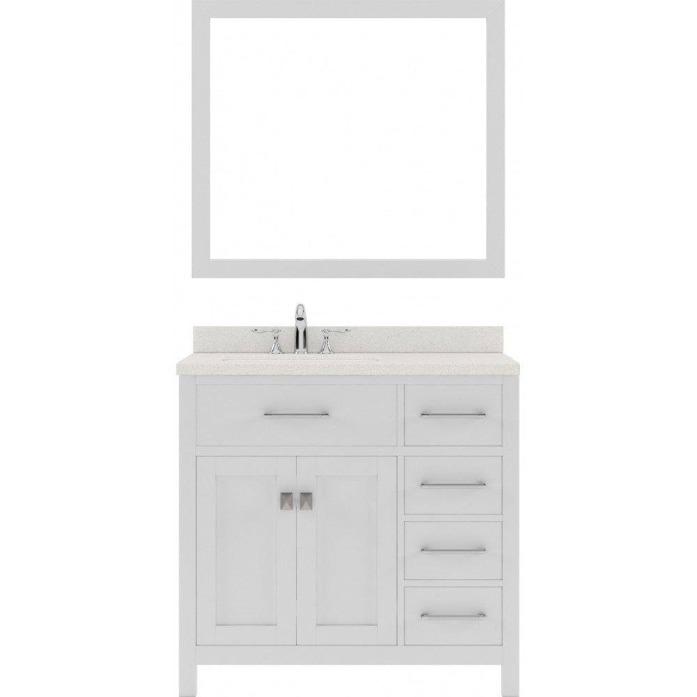 Caroline Parkway 36" Single Bath Vanity in White with White Quartz Top and Round Sink with Brushed Nickel Faucet and Mirror