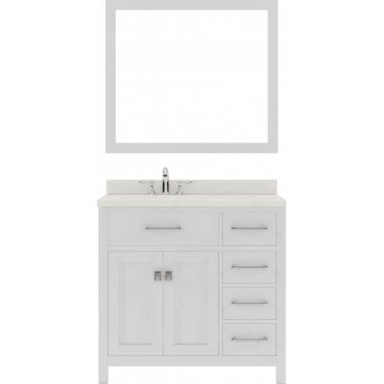 Caroline Parkway 36" Single Bath Vanity in White with White Quartz Top and Round Sink with Polished Chrome Faucet and Mirror