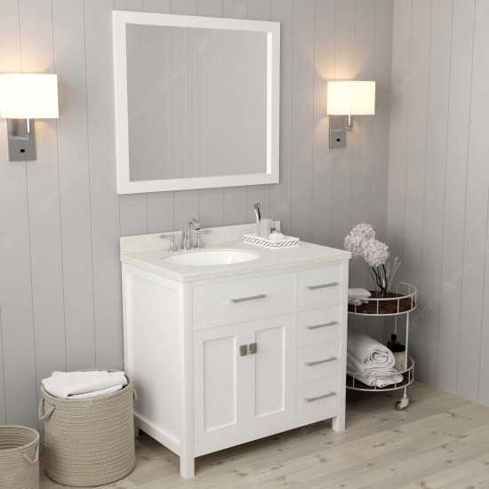 Caroline Parkway 36" Single Bath Vanity in White with White Quartz Top and Round Sink with Polished Chrome Faucet and Mirror