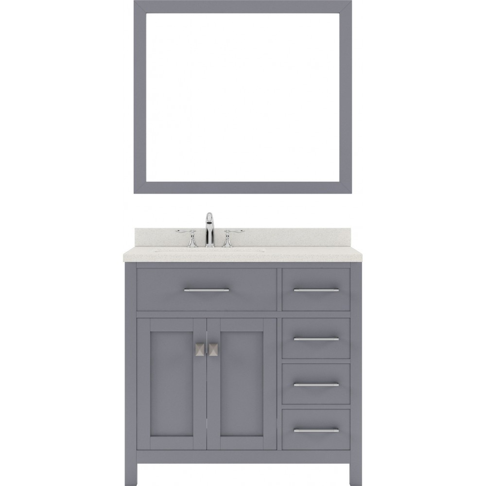 Caroline Parkway 36" Single Bath Vanity in Gray with White Quartz Top and Square Sink with Brushed Nickel Faucet and Mirror