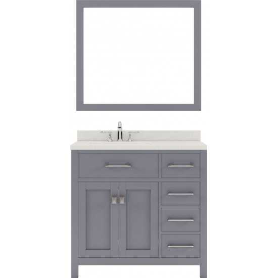 Caroline Parkway 36" Single Bath Vanity in Gray with White Quartz Top and Square Sink with Polished Chrome Faucet and Mirror