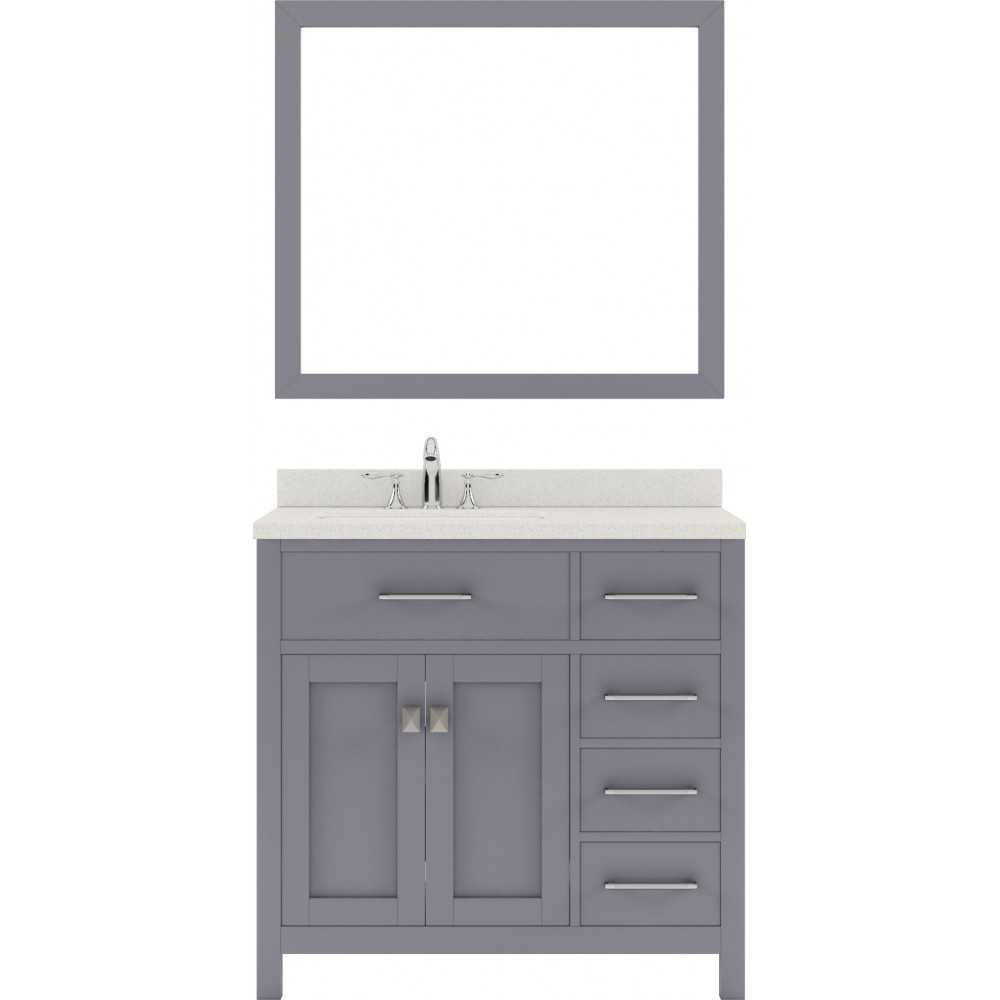 Caroline Parkway 36" Single Bath Vanity in Gray with White Quartz Top and Square Sink with Polished Chrome Faucet and Mirror