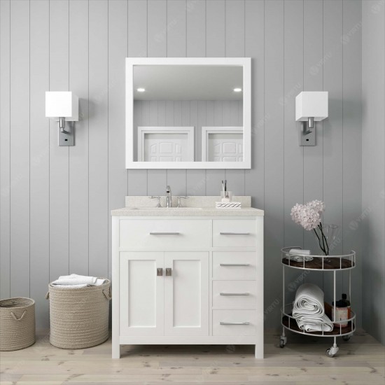 Caroline Parkway 36" Single Bath Vanity in White with White Quartz Top and Square Sink with Polished Chrome Faucet and Mirror