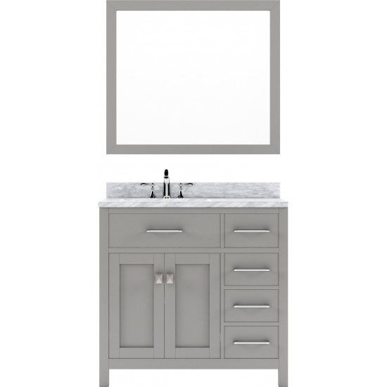 Caroline Parkway 36" Single Bath Vanity in Cashmere Gray with White Marble Top and Round Sink and Matching Mirror