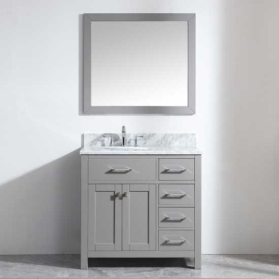 Caroline Parkway 36" Single Bath Vanity in Cashmere Gray with White Marble Top and Round Sink and Matching Mirror