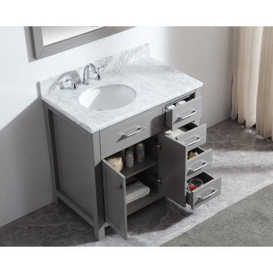 Caroline Parkway 36" Single Bath Vanity in Cashmere Gray with White Marble Top and Round Sink and Matching Mirror