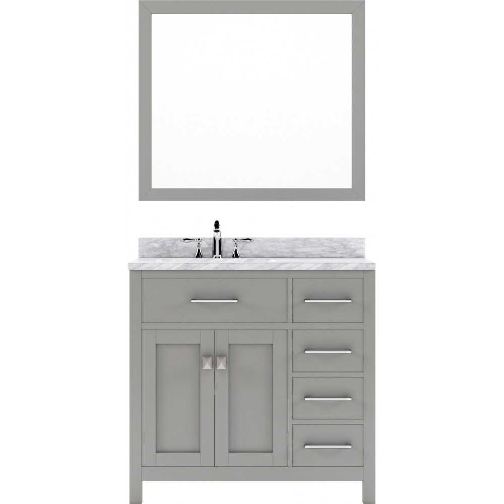 Caroline Parkway 36" Single Vanity in Cashmere Gray with White Marble Top and Round Sink with Polished Chrome Faucet and Mirr