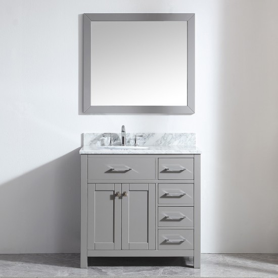 Caroline Parkway 36" Single Vanity in Cashmere Gray with White Marble Top and Round Sink with Polished Chrome Faucet and Mirr