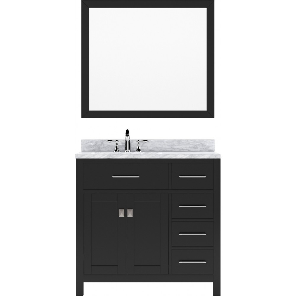 Caroline Parkway 36" Single Bath Vanity in Espresso with White Marble Top and Round Sink with Brushed Nickel Faucet and Mirro