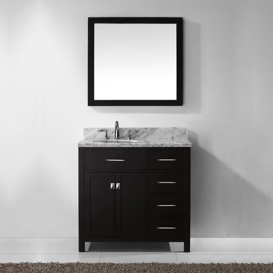 Caroline Parkway 36" Single Bath Vanity in Espresso with White Marble Top and Round Sink with Polished Chrome Faucet and Mirr