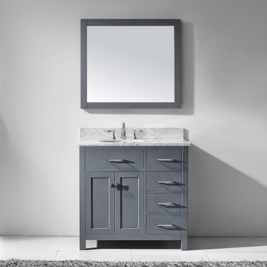 Caroline Parkway 36" Single Bath Vanity in Gray with White Marble Top and Round Sink and Matching Mirror