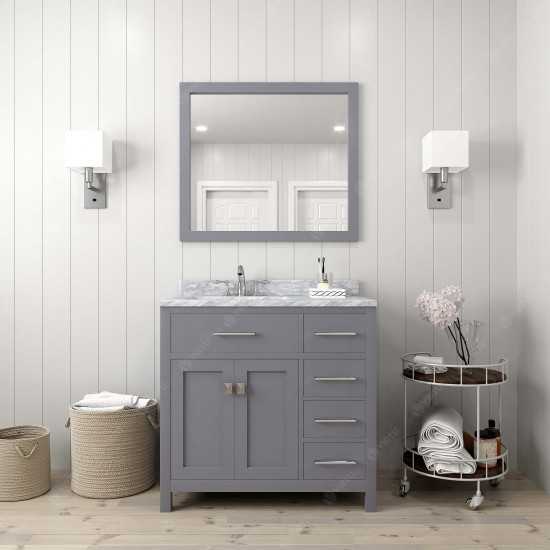 Caroline Parkway 36" Single Bath Vanity in Gray with White Marble Top and Round Sink with Brushed Nickel Faucet and Mirror