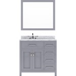 Caroline Parkway 36" Single Bath Vanity in Gray with White Marble Top and Round Sink with Polished Chrome Faucet and Mirror