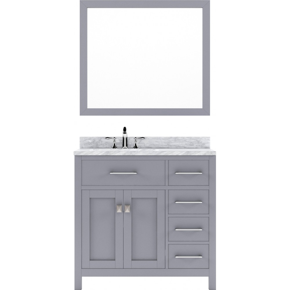 Caroline Parkway 36" Single Bath Vanity in Gray with White Marble Top and Round Sink with Polished Chrome Faucet and Mirror