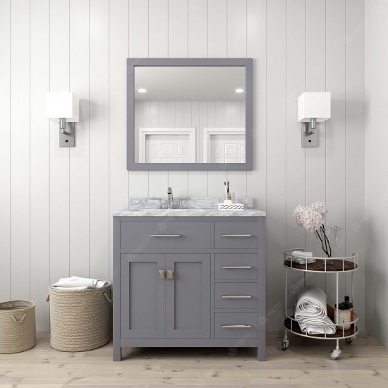 Caroline Parkway 36" Single Bath Vanity in Gray with White Marble Top and Round Sink with Polished Chrome Faucet and Mirror