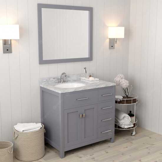 Caroline Parkway 36" Single Bath Vanity in Gray with White Marble Top and Round Sink with Polished Chrome Faucet and Mirror