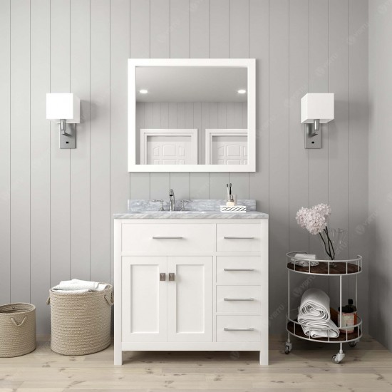 Caroline Parkway 36" Single Bath Vanity in White with White Marble Top and Round Sink with Brushed Nickel Faucet and Mirror