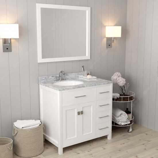 Caroline Parkway 36" Single Bath Vanity in White with White Marble Top and Round Sink with Brushed Nickel Faucet and Mirror