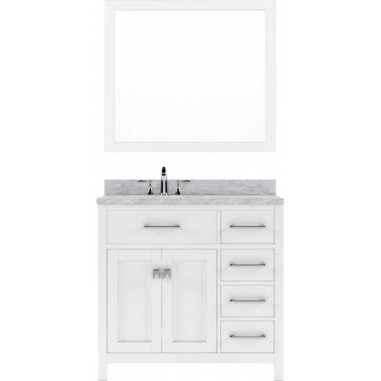 Caroline Parkway 36" Single Bath Vanity in White with White Marble Top and Round Sink with Polished Chrome Faucet and Mirror