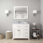 Caroline Parkway 36" Single Bath Vanity in White with White Marble Top and Round Sink with Polished Chrome Faucet and Mirror