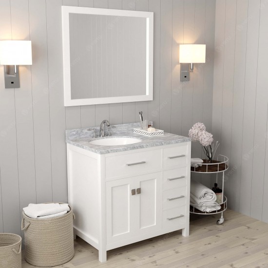 Caroline Parkway 36" Single Bath Vanity in White with White Marble Top and Round Sink with Polished Chrome Faucet and Mirror