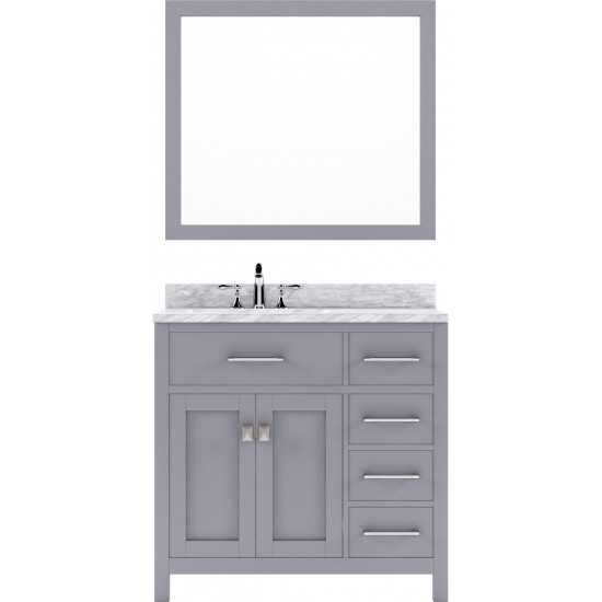 Caroline Parkway 36" Single Bath Vanity in Gray with White Marble Top and Square Sink and Matching Mirror