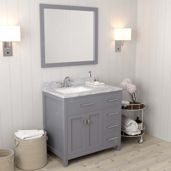 Caroline Parkway 36" Single Bath Vanity in Gray with White Marble Top and Square Sink and Matching Mirror